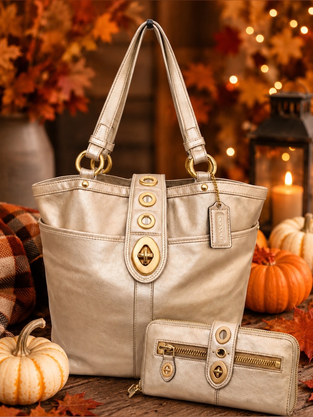 Coach ‘09 Lily Legacy 65th Anniv.. Ltd Ed. Metallic Gold Leather Tote & wallet - Picture 1 of 17